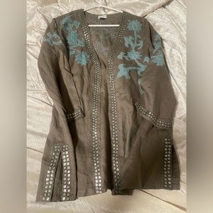 Chicos Gray and blue sequenced linen cover top